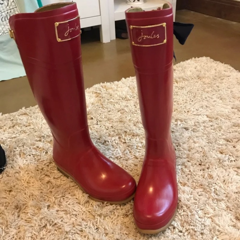Joules red evedon navy bow rain tall boots
